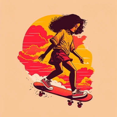 Brunette girl skateboarding in a red and yellow sky clipart