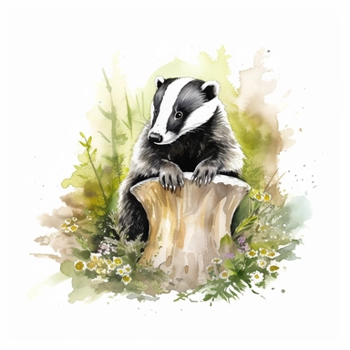 WOODLAND BADGER, CLIPART, WATER COLOUR, WHITE BACKGROUND