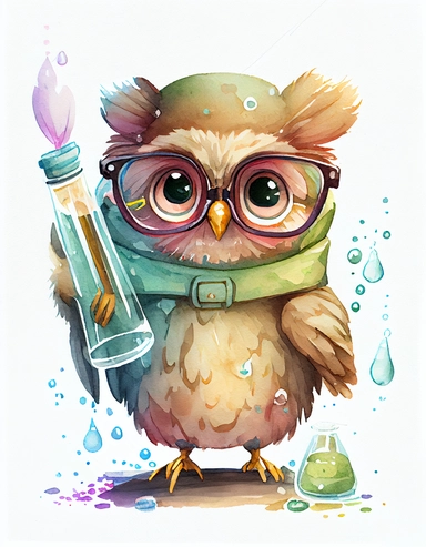 detailed watercolor kawaii owl with eyeglasses wearing a lab gown holding a test tube with chemicals, facing front, isolated on a white background, clipart