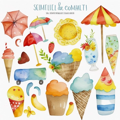 Please create a series of watercolor and pencil drawing clipart illustrations featuring different items related to summer. Each illustration should be drawn in a charming and playful style that captures the beauty and vibrancy of the season. Items to include can be beach umbrellas, flip flops, sunglasses, ice cream cones, sandcastles, and seashells. Please use a combination of watercolor and pencil drawing techniques to create a unique and artistic look. Additionally, please incorporate some gol
