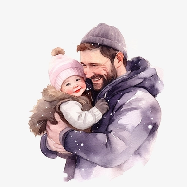 watercolour clipart, father day, father hug with his cute baby, in snow, smile, beautiful, happy, ,realistic, whit background, illustrated