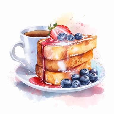 French toast, bacon, blueberries and a cup of hot chocolate, Watercolor, cottagecore, pastels, clipart, beautiful, colourfull, png transparent white background, high resolution, no caption q4 s2
