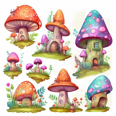 Create a set of clipart illustrations featuring a magical world filled with whimsical mushrooms and enchanted creatures. Draw towering mushrooms with glowing caps, and add tiny fairy-like creatures flitting around them. Use a white background and separate each element so they can be easily incorporated into any project. Add other fantasy elements such as castles, dragons, and unicorns to complete the scene. Use your creativity to bring this mystical world to life -