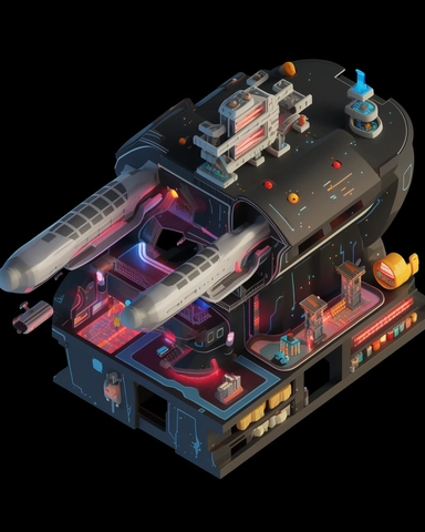 isometric perspective, game sprite, futuristic family spaceship, gaming asset, sci-fi, fun, creative, cartoon, clipart, hyper-detailed, black background,