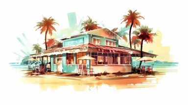 Beach Coffee shop clipart water color cyan retro style