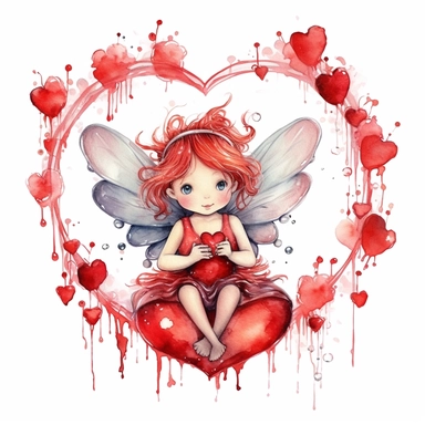 happy valentine fairy, red and silver colors, hearts, thick border lines, watercolor, clip art, spaced out, white background