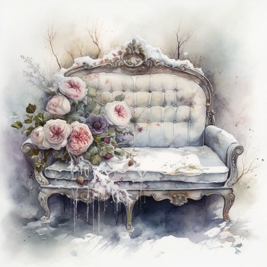isolated on white illustration watercolor art of a beautiful elegant white sofa in the kitchen, overgrown with white and light pink roses and flowers, covered with snow and ice, a lot of moss and branches, lace and embroidery, winter, snow, trees, masterpiece by Tomasz Alen Kopera style and by Carl Holsoe style and by Hannah Dale style and by Alexander Jansson style, Baroque Architecture, PNG clipart, isolated on white, white background, extreme photorealistic details, 32k HD resolution, realist