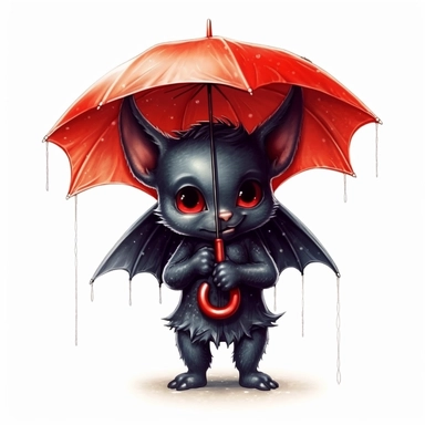 Cute Adorable magical little Devil with black wings holds a umbrella in his hand and wears a raincape and stand in the rain on a country road, clipart, photorealistic illustration, watercolor, high detail, 8k polished, 8k, vibrant colors, sticker, majestic, die cut, Black and Red color, white background