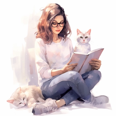 A girl sitting cozily with a cat, engrossed in a book and enjoying the company of her feline friend, pastel colors, white background, watercolor splash, clipart, by Jack Hughes