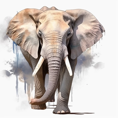a grey African elephant, stood sideways to the camera looking right, shooting water from its trunk, watercolour painting transparent background png clipart