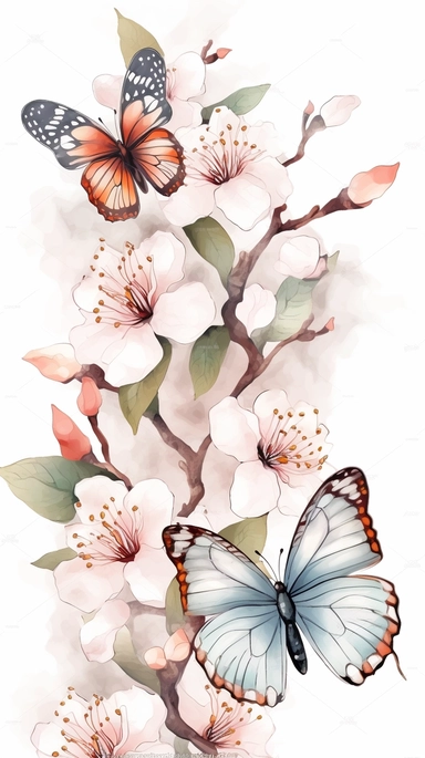 clipart Watercolor art of a cherry blossom branches, and butterflies, with soft pastel hues, illustration in the style of Ayami Kojima and J.C. Leyendecker, pixiv, high quality, highly detailed,on white background,fit image on paper, align center and middle, iw 0.75