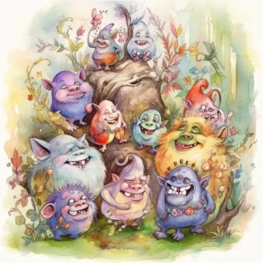 A bunch of Mystical magical cute Ogres in a Magical Forest full of whimsical nature Clipart, Fantasy Art, Fairy Tale Art, cloroful Watercolor