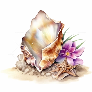 hand drawn sandy beach with a conch shell sitting in the sand, orchid bloom beside the conch shell, glamorous, clipart style, detailed and realistic, watercolor, white background with margins