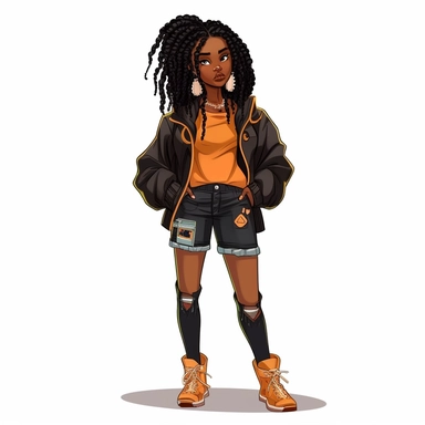 trendy black girl wearing streetwear, cartoon style, clipart