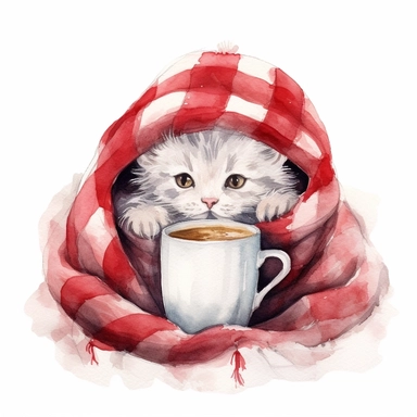 Clipart, watercolor, white background: A sleepy kitten nestled in a cozy Christmas-themed blanket, with a cup of hot cocoa nearby to keep warm on a chilly winter night.