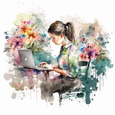 virtual assistant, female sitting at desk typing on laptop, watercolor painting, flowers, clipart