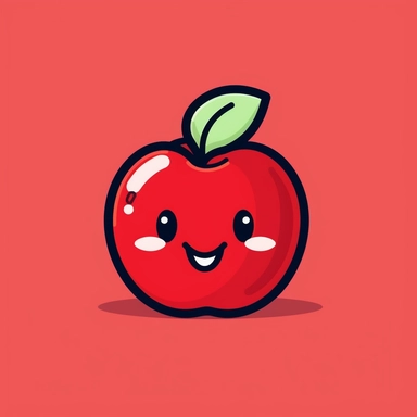 Create a cartoon-style clipart of a bright red apple with a plain, high-contrasted background. The apple should be shown with a big, friendly smile and rosy cheeks, and be positioned in a way that draws attention. The drawing should be simple and playful, with bold outlines and vibrant colors that give it a fun, cartoon-like appearance. Perfect for use in educational materials, websites, or any project that needs a touch of whimsy.