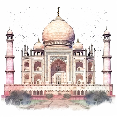 hand drawn , watercolor, hyper realistic, white background, white margins, 16k, ultra detailed clipart, cut out image, hand-drawn, ultra HD, sharp and clean art a vintage taj mahal with delicate floral , capturing the romantic and feminine aesthetics often associated with vintage fashion and travel. light pink pastel