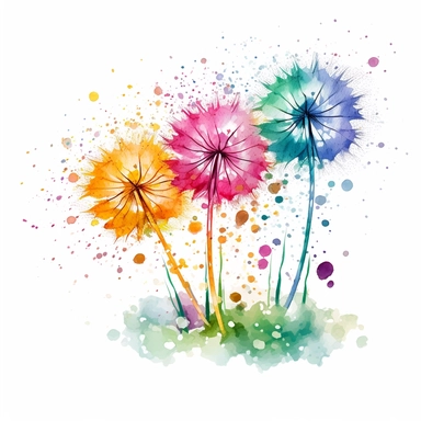 full head dandelions blowing in the wind. Paint Splashes on white background. Pink, purple, yellow, turquoise, green. Clipart