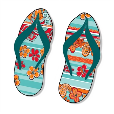 Create a charming clip art image of a pair of casual and fun flip-flops, featuring comfortable straps and a patterned sole. The flip-flops should evoke a summertime vibe with their bright colors and laid-back design. Set against a pure white background, these flip-flops are perfect for incorporating into summer-themed projects.