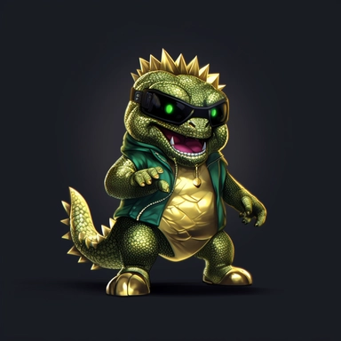 baby Godzilla, looks like Michael Jackson, doing dance steps, wearing a miami heat basketball jersey, wearing a gold pendant with a gold bitcoin on it, wearing hip hop style black satin pants and a green iridescent silk shirt, techno lighting, clipart on plain background