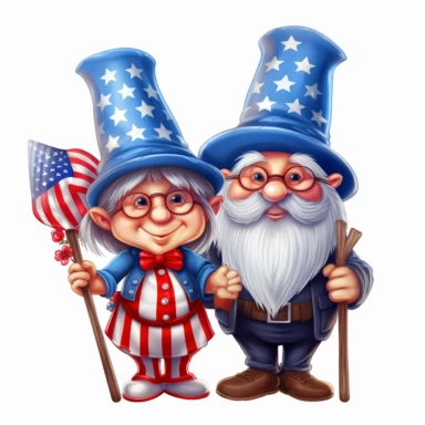 Husband and wife gnome, 4th of july, clipart, white background.
