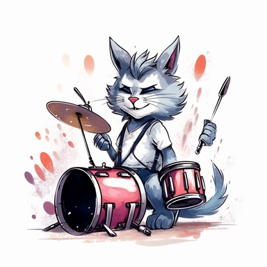 cartoon clipart design in disney style, drummer cat, white background