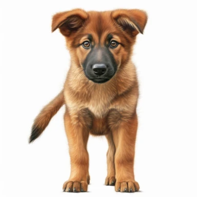 hyper-realistic clipart of an adorable German Shepherd puppy on a white background. Capture the playful and curious nature of the puppy, showcasing its intelligence and loyalty. Pay attention to the distinct features of the German Shepherd breed, including its pointy ears, expressive eyes, and beautiful coat markings. Use a mix of warm and neutral tones to bring out the puppy's natural colors and textures. Focus on the puppy's endearing face and capture its innocent and gentle expression. Add su