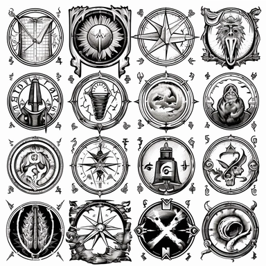 Collection of R Logos, in the style of graphic symbols, folio and fan formats, clipart assets, intricate black and white illustrations, realistic hyper-detail, iconographic symbolism, medieval inspiration, scientific illustrations, cryptid academia, necronomicon illustrations, Vector illustration, Vector art