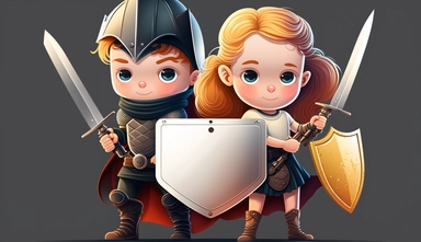 modern and minimalistic happy kids boy and girl at home, clipart, holding macbook and tablet with background protection with shield image, happy parents behind seen, no sword