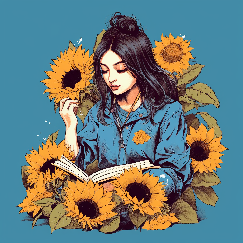 girl reading a book with sunflowers in the style of xiaofei yu clipart ...