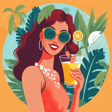 Embrace the carefree spirit of summer with a delightful clipart depiction of someone enjoying a refreshing drink, radiating the essence of the season. Picture a cheerful figure, perhaps a person or an anthropomorphic character, holding a vibrant beverage in hand. Surround them with elements that evoke the summer vibe, such as colorful tropical fruits, palm trees, and sunglasses. Utilize a bright and cheerful color palette, featuring shades of sunny yellows, tropical oranges, and refreshing blues