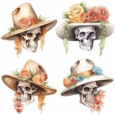 clip art set of skeletons wearing cowboy hats surrounded by flowers, whimsical watercolor painting, separated with white margins between each item, isolated on white background