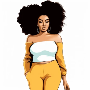 vector clipart.. 300dpi clipart illustration of beautiful melanin female wearing mustard yellow and white.. white background.. drawn with smooth thick black lines