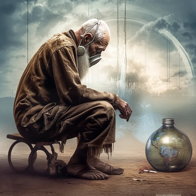 arther adams style, artistic stylish vector cutout border, old skinny decrepit man on his knees with his head hung low wearing old torn and tattered clothing, glass globe with a plant inside and a hose leading to a gasmask on the mans face, realism, realistic, apocolyptic theme, clipart, HD, 4k