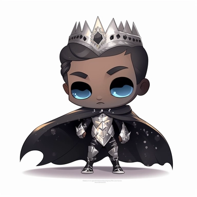 zeeb labs art style boy, super hero, tiny chibi body with diamond suit, dark skin tone, crown, Mask, smerk, super long cape, clipart, sticker, no background, hd