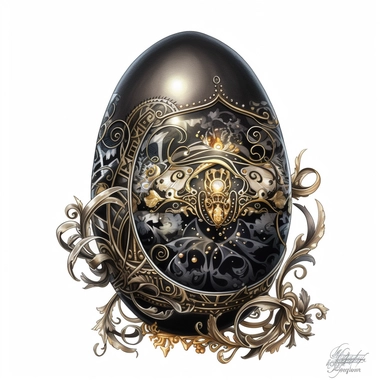 Easter, black egg, steampunk ornamental, only one item, picnic, clipart, white background, watercolor, hyper-realistic, high detail, white background
