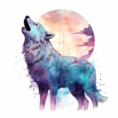 watercolor illustration of a beautiful and cute Wolf howling at the moon in nature Double exposure clipart, in the style of realistic watercolor paintings, realistic, detailed, bright colours, white background, clipart, detailed