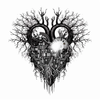 technological heart, filled with a tree, clipart, svg, black lines on white backround