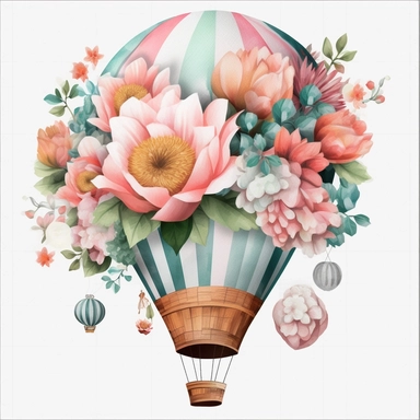 Hot Air Balloon With Foral realistic Clipart, White Background