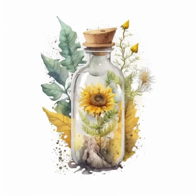 a vial of potion with sunflowers inside, white and yellow vibes, watercolor clipart