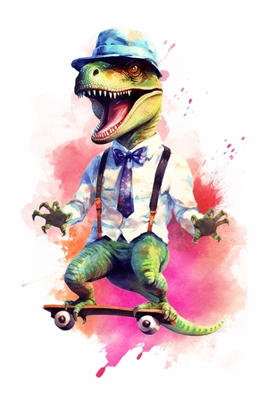 watercolour gangster dinosaurs on skateboards clipart, white background,