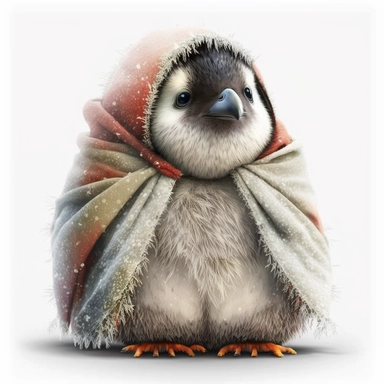 Cute christmas fluffy baby penguin with scarf in snow , white background, Clipart, children illustration