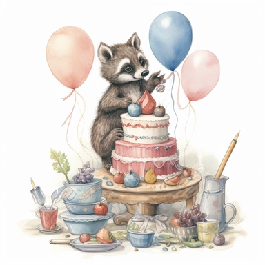 clipart of baby raccoon in birthday party with a balloons, cake with candles, illustration on white background, in the style of victorian - era clothing, embroidery, beatrix potter, 32k uhd, grainy, flickr, plush doll art, watercolor art by Susan Wheeler and Marjolein Bastin