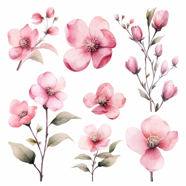 Enchanting watercolor clipart set featuring pink flower blossoms, each captured from a different angle, framed with intricate and flowing lines, creating a composition that exudes elegance, grace, and a sense of timelessness, clipart on a white backdrop.