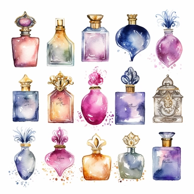 Eleven Watercolor Princes Perfumes Clipart by Nita Engle on solid white background