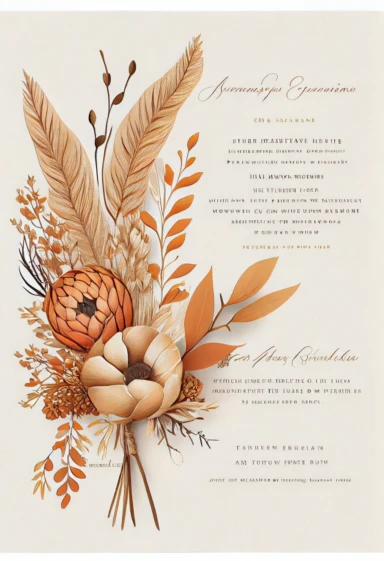 beautiful, intricate, sharp focus, light orange, tan, and brown fall colors, incorporate small thanksgiving pumpkins, turkey feathers, thanksgiving holiday invitation with white fluffy tail flowers,white wintergreen berries, dried grasses, dried leaves, dried flowers, show entire invitation, no border, clipart, on white background, flat lay, extreme detail, wedding invitation,