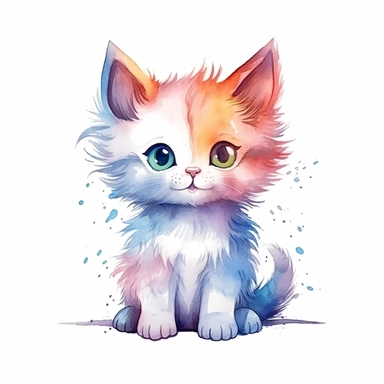 a whimsical cute fluffy baby cat cartoon clipart on white background with margins, watercolor, icon, sticker art