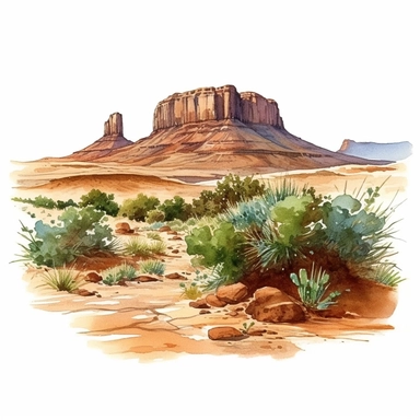 Hyperrealistic watercolor mesa and butte clipart in desert with some small shrubs in sight