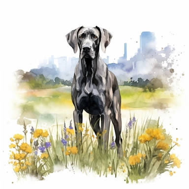 high detailed, Hand drawn watercolor clipart of a Great Dane in a wildflower field, on a pure white background for background removal, no shadow, no paint splash